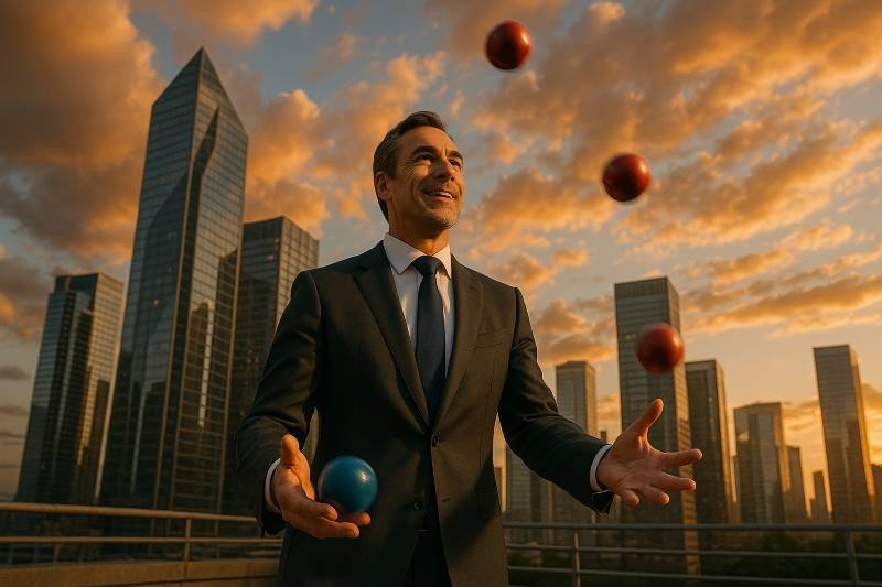 A businessman confidently juggling balls
