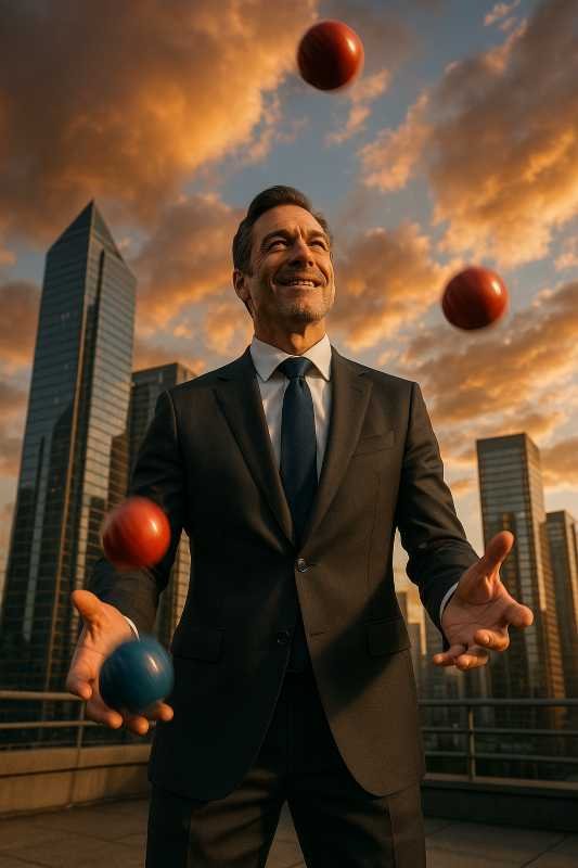 A businessman confidently juggles balls as a metaphor for juggling fractional work